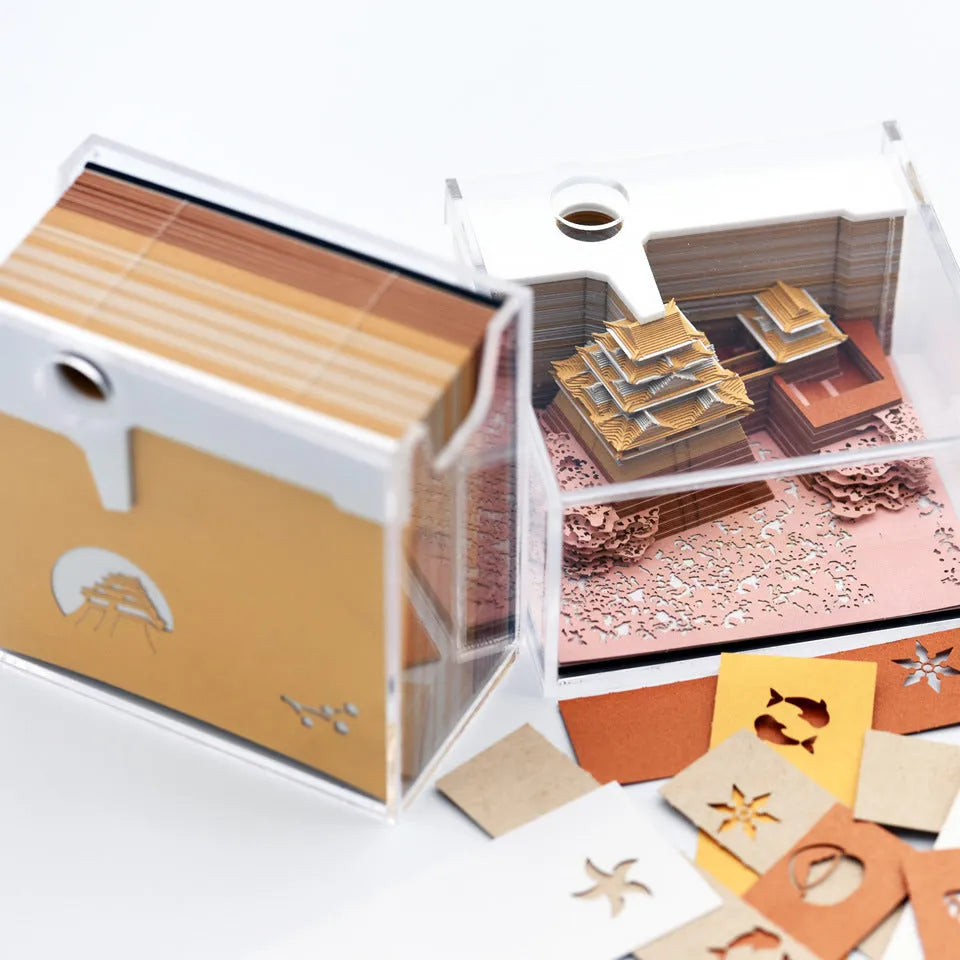 3D papercraft model of Spirited Away's Tianshou Tower in Post-it Note style, available in gold, pink, or white.