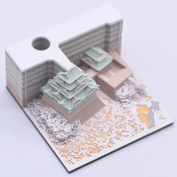 3D papercraft model of Spirited Away's Tianshou Tower in Post-it Note style, available in gold, pink, or white.