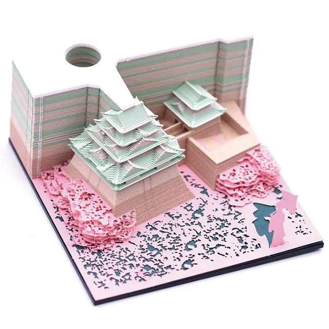 3D papercraft model of Spirited Away's Tianshou Tower in Post-it Note style, available in gold, pink, or white.