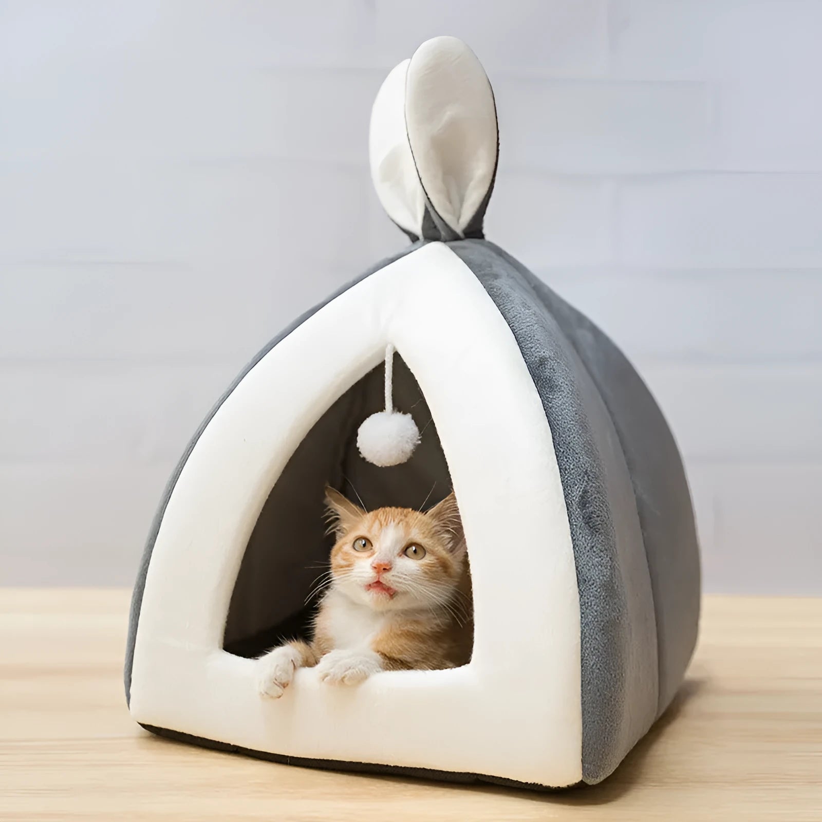 Grey cloth cat house villa, an enclosed pet bed for cats or small dogs.