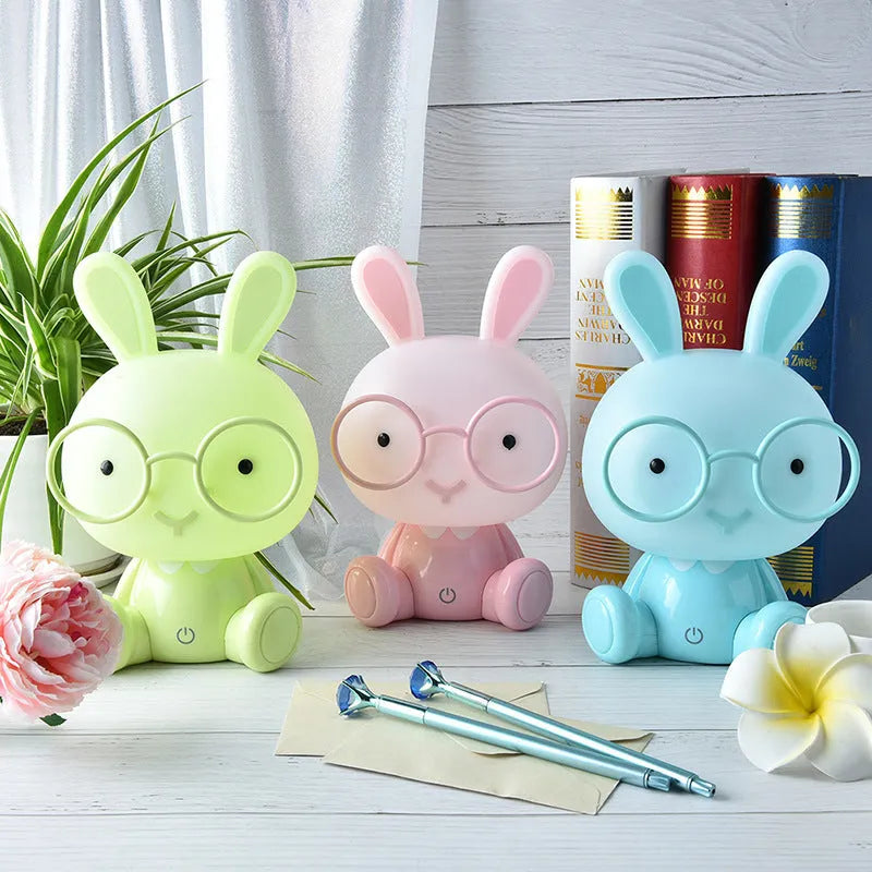 USB cartoon night light with cute rabbit decoration wearing glasses in blue colour option