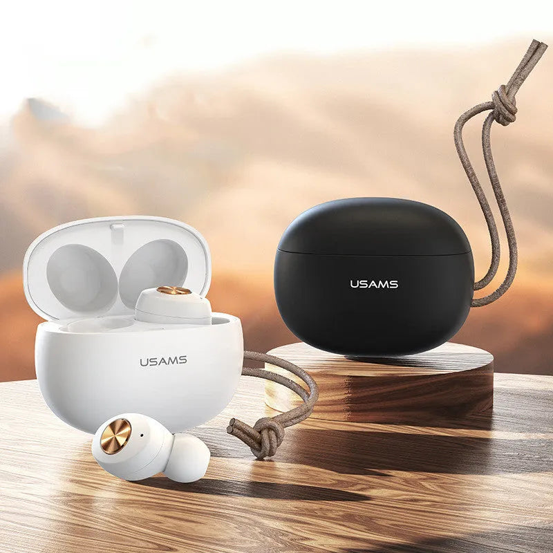 Pebble Series wireless Bluetooth earbuds and charging case in black, white, or dark green.