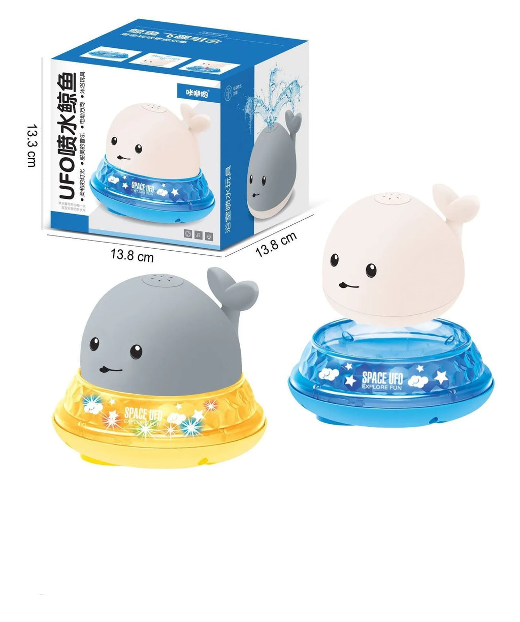 Grey or white cartoon whale bath toy that sprays water with LED lights and music