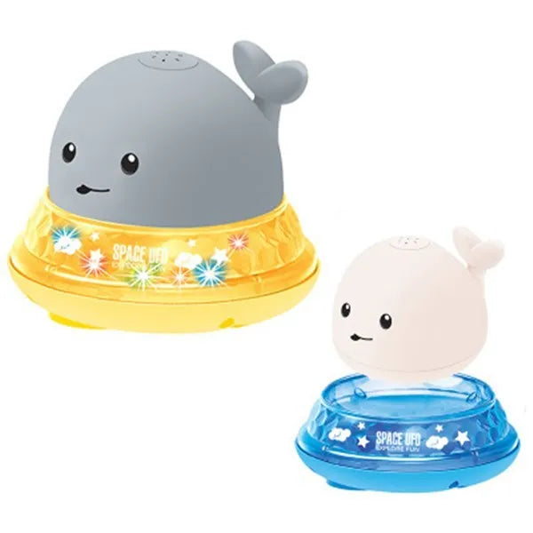 Grey or white cartoon whale bath toy that sprays water with LED lights and music