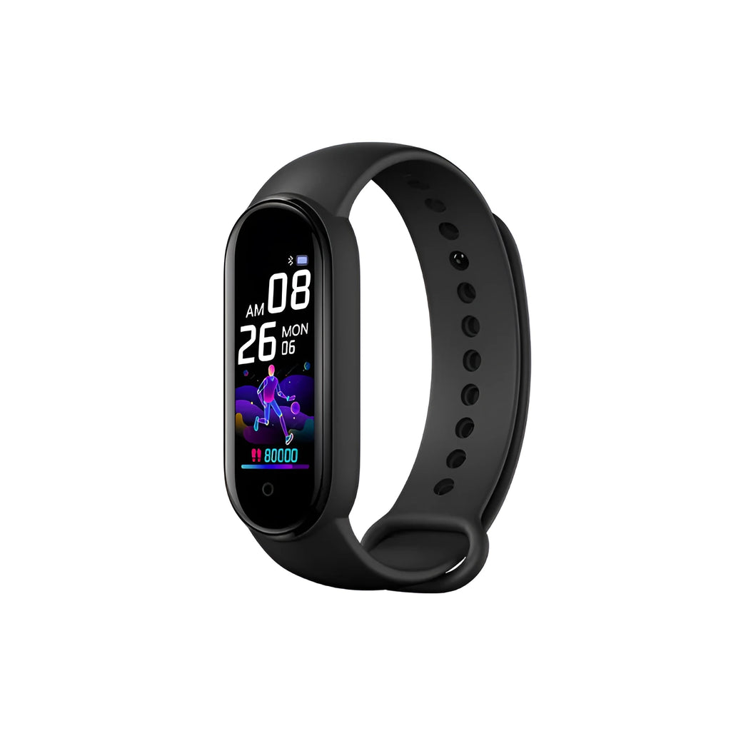 M5 smart sports fitness bracelet in black showing heart rate data on its 0.96-inch screen.