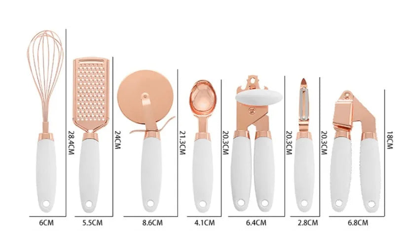 Copper-plated seven-piece kitchen tool set with cutlery rack in assorted colours