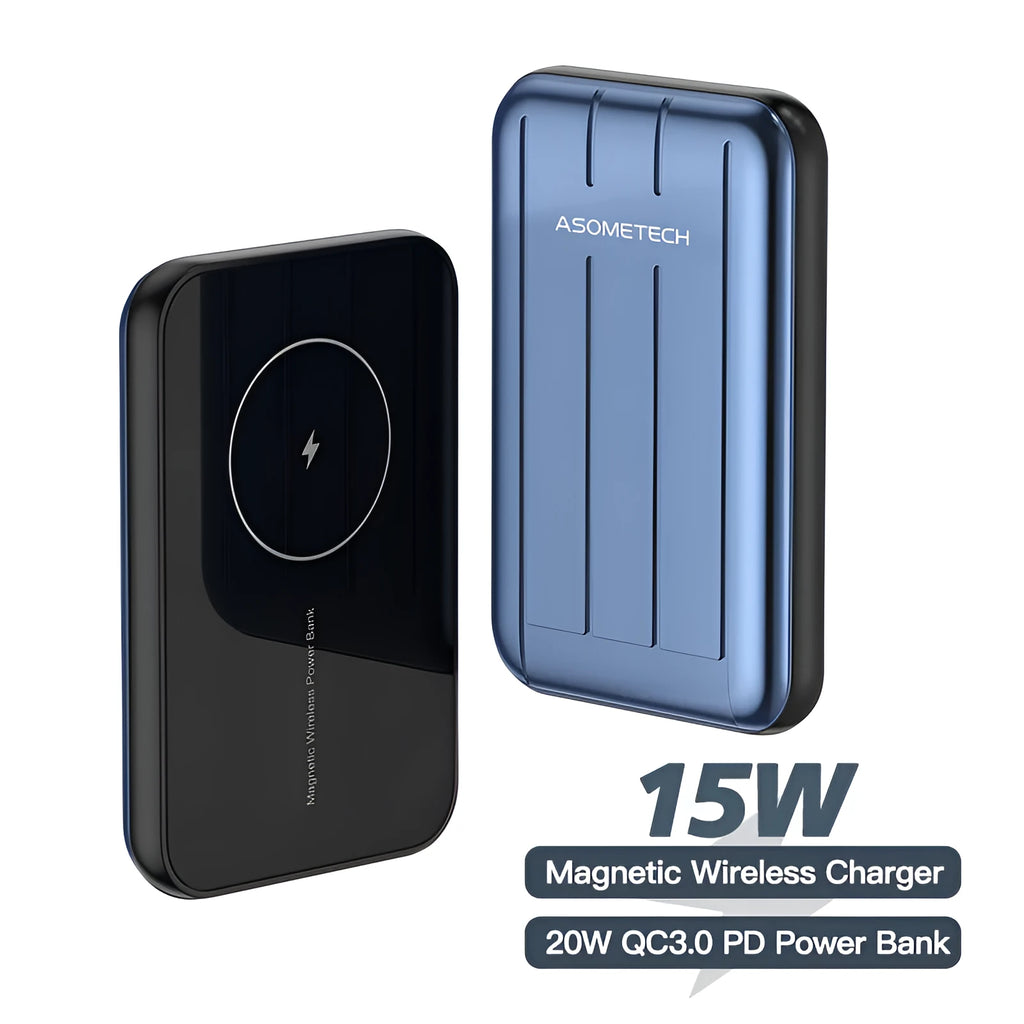 Blue magnetic wireless power bank attached to an iPhone 12, showing the USB input port.