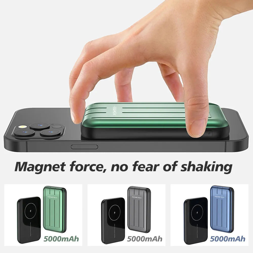 Blue magnetic wireless power bank attached to an iPhone 12, showing the USB input port.