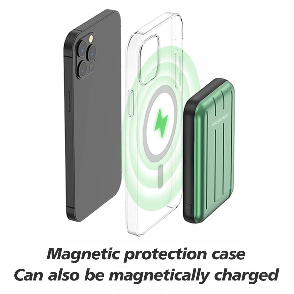 Blue magnetic wireless power bank attached to an iPhone 12, showing the USB input port.