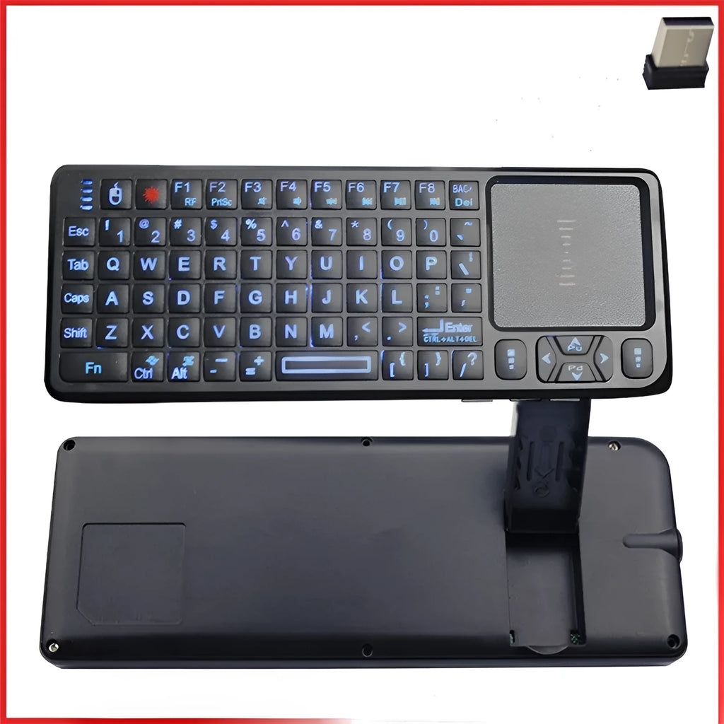 Compact black wireless mini keyboard with touch screen and matching mouse on a desk.