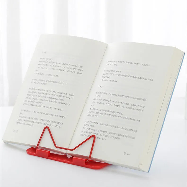 Red, green, and blue multifunctional reading frame made of metal and plastic on a desk