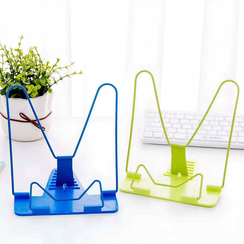 Red, green, and blue multifunctional reading frame made of metal and plastic on a desk