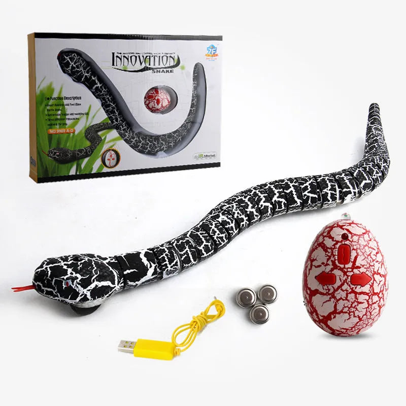 Black and grey remote control snake robot toy with USB charging cable