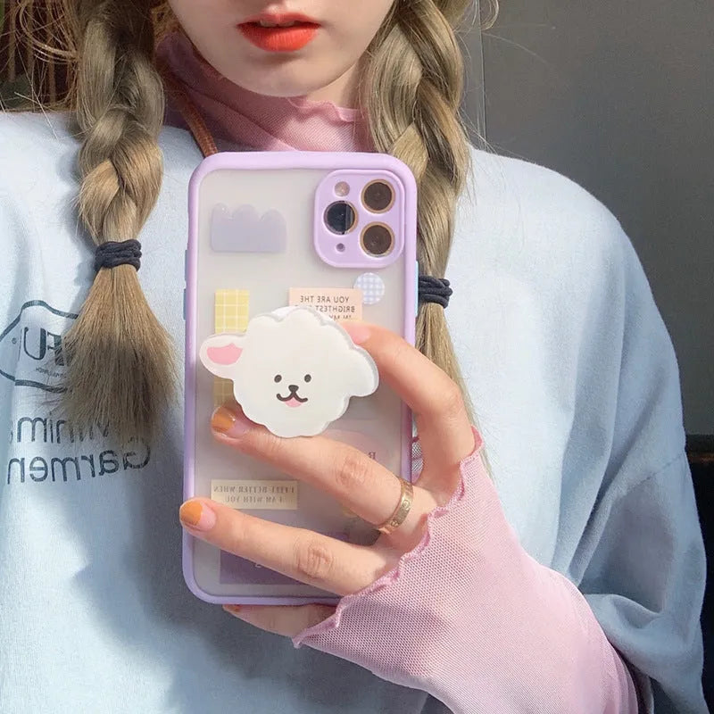Frosted painted TPU iPhone case with a flip-out stand in a cartoon animal design