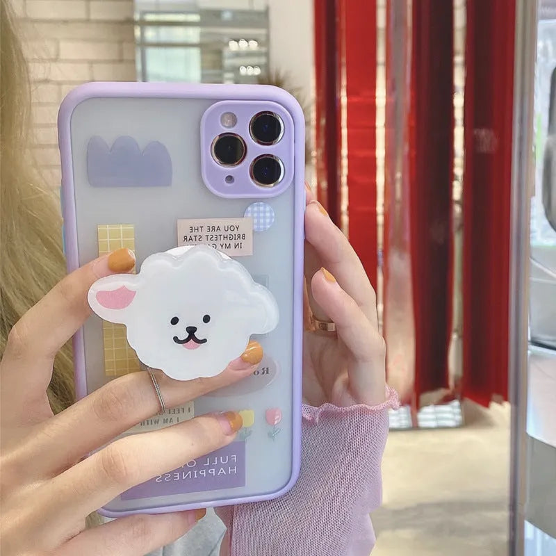 Frosted painted TPU iPhone case with a flip-out stand in a cartoon animal design