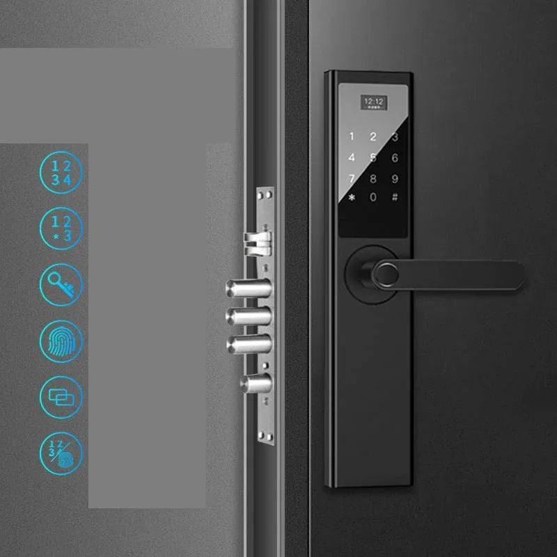 Home security door fingerprint lock with black finish and fingerprint sensor