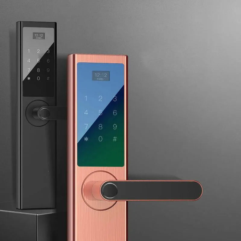 Home security door fingerprint lock with black finish and fingerprint sensor