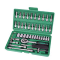 Open green plastic case displaying a 46-piece set of alloy steel sockets, ratchets, and L-shaped wrenches for auto repair.