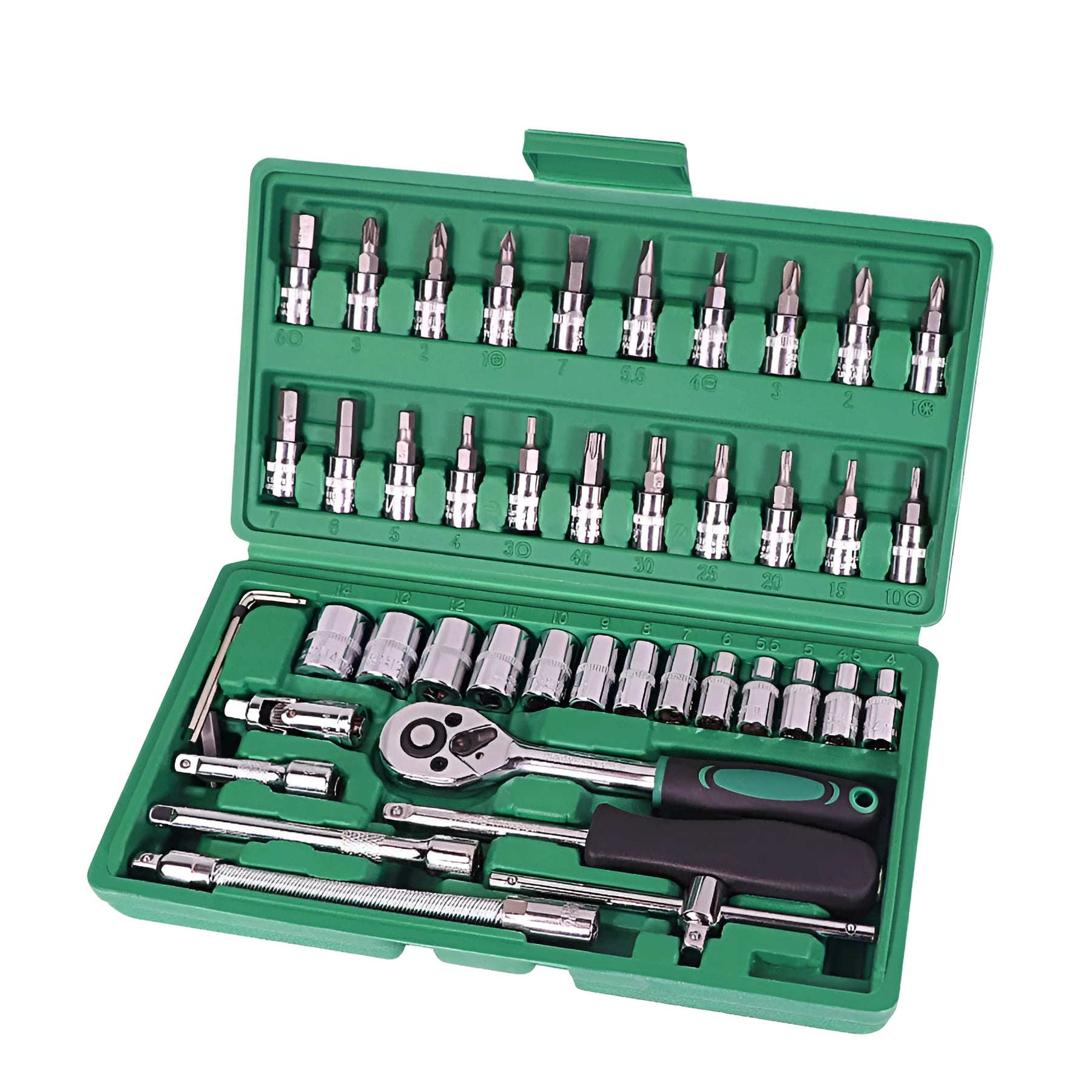 Open green plastic case displaying a 46-piece set of alloy steel sockets, ratchets, and L-shaped wrenches for auto repair.