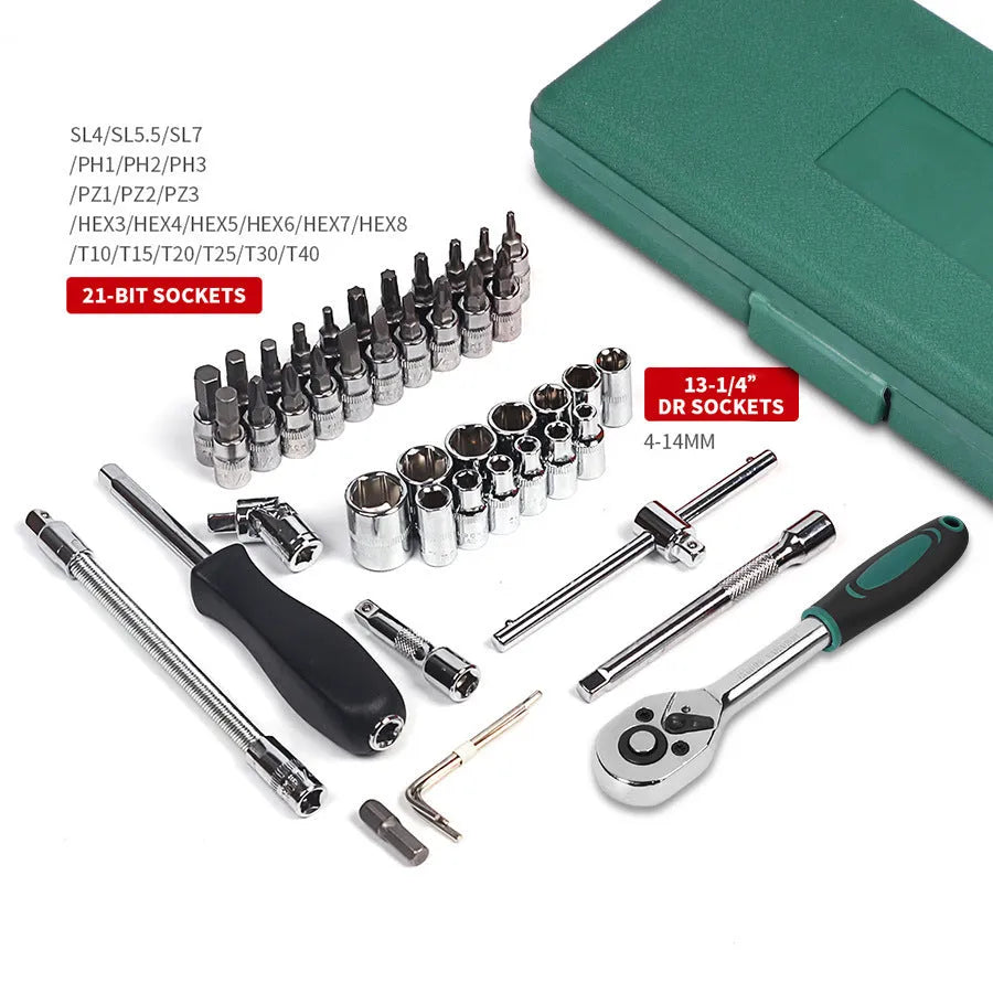Open green plastic case displaying a 46-piece set of alloy steel sockets, ratchets, and L-shaped wrenches for auto repair.