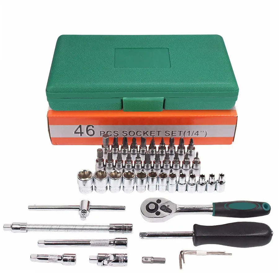 Open green plastic case displaying a 46-piece set of alloy steel sockets, ratchets, and L-shaped wrenches for auto repair.