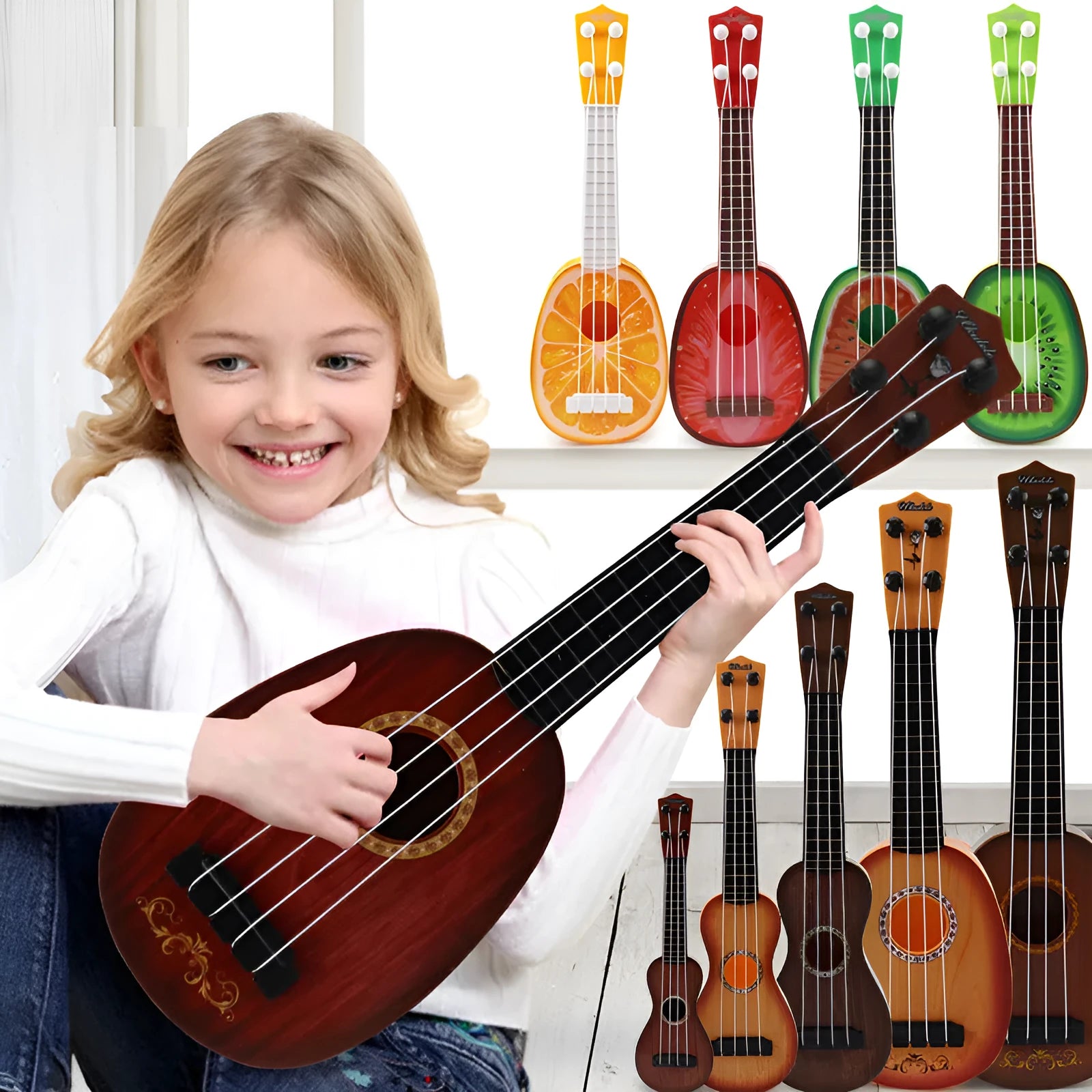 Retro-style plastic ukulele toy guitar for children with four colourful strings