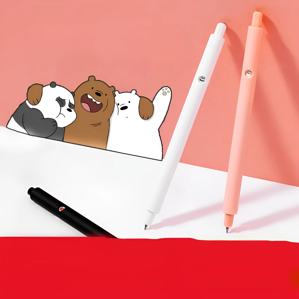 MINISO Bare Bear cartoon press gel pen with 0.5mm tip in black, pink, and white colour options