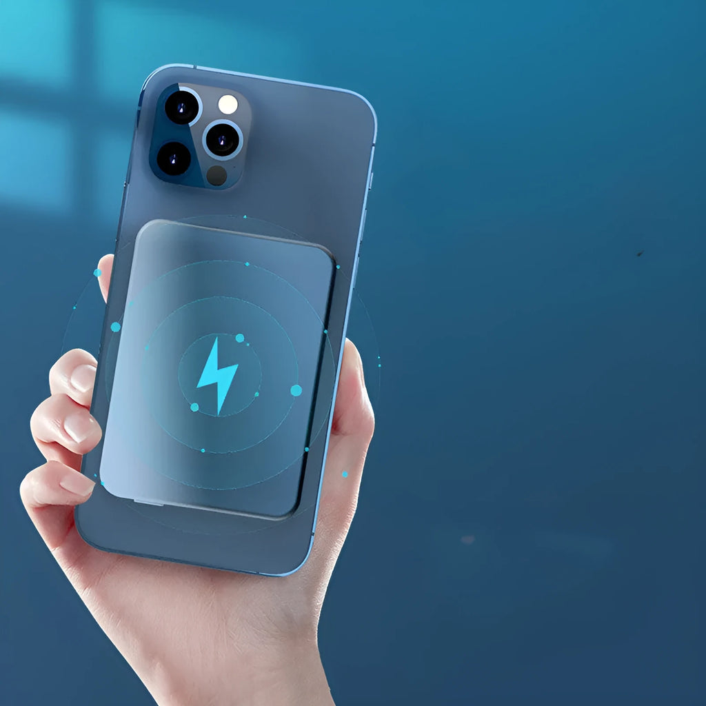 Silver aluminium wireless magnetic charging power bank for iPhone showing USB-C port.