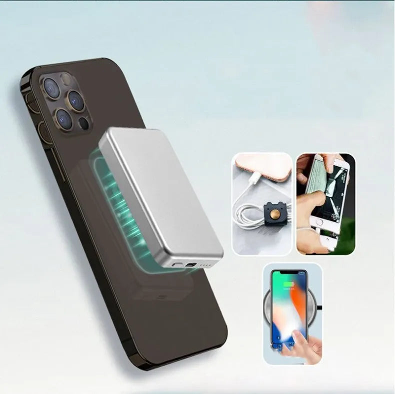 Silver aluminium wireless magnetic charging power bank for iPhone showing USB-C port.