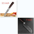 7Cr17 stainless steel kitchen knife with coloured wood handle and Damascus pattern blade on a black gift box.