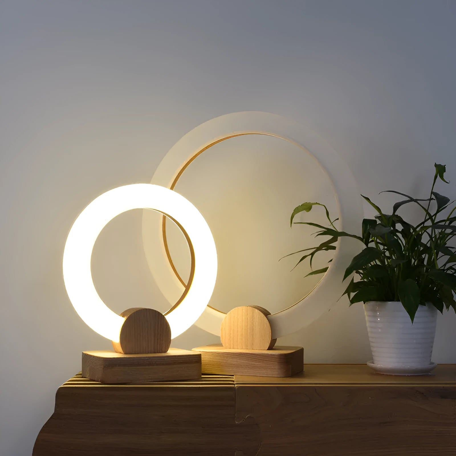 Wooden art circular chandelier with acrylic shade in modern Nordic style, showing 20cm and 30cm diameter options