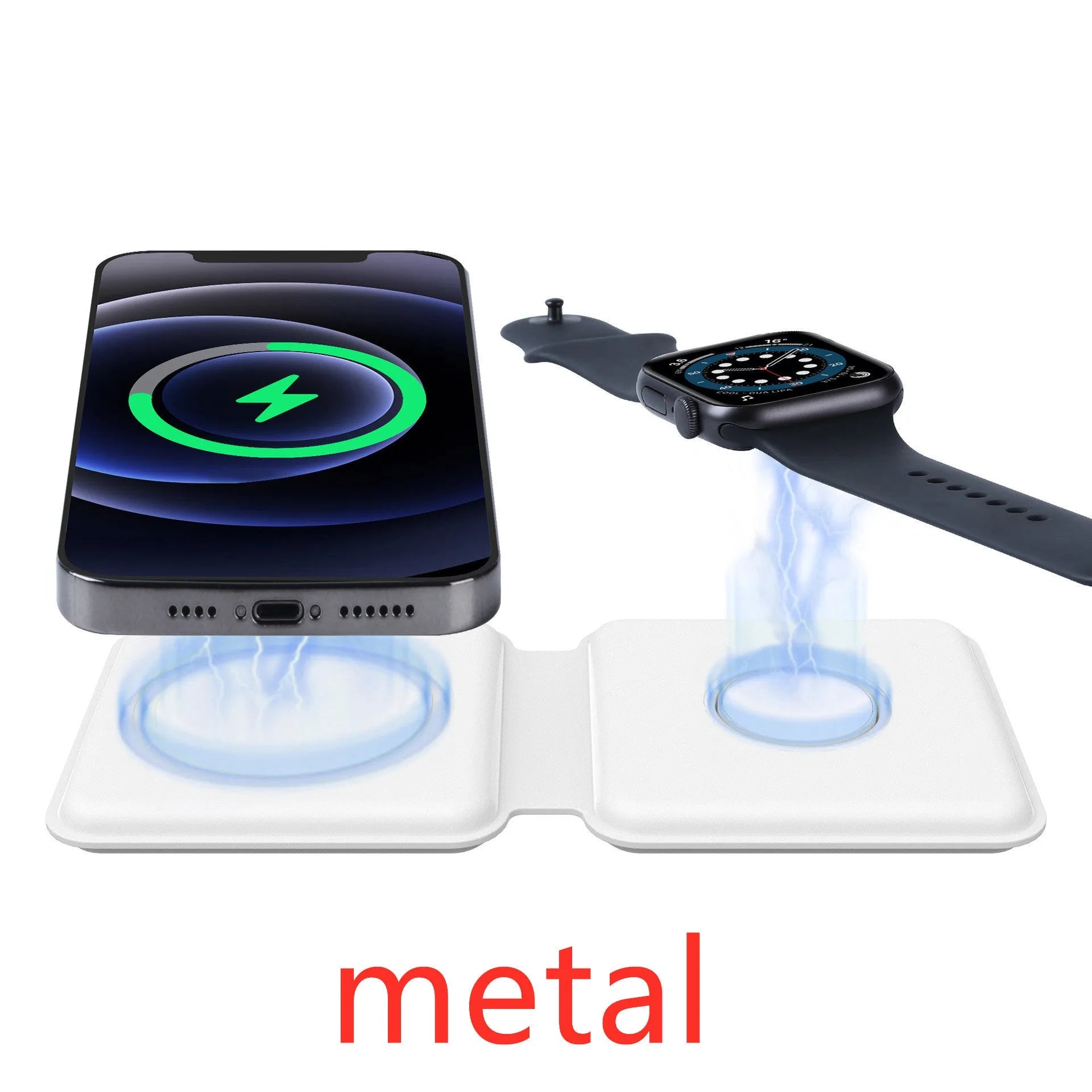 White foldable 2-in-1 magnetic wireless charger for phone and watch, showing 180° hinge.