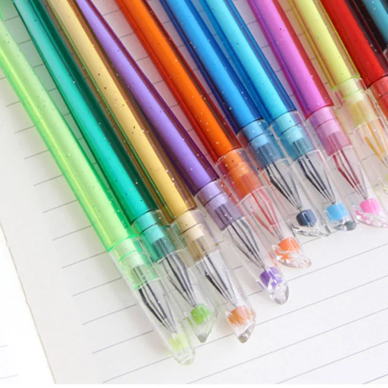 Set of twelve coloured gel pens with feather peacock design and replaceable refills.