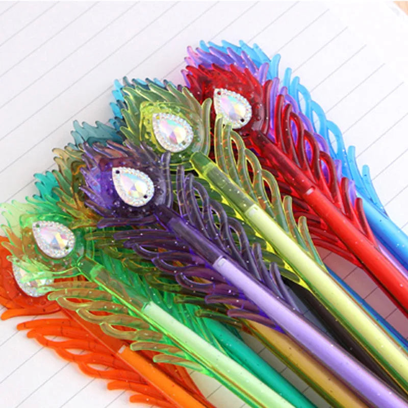Set of twelve coloured gel pens with feather peacock design and replaceable refills.
