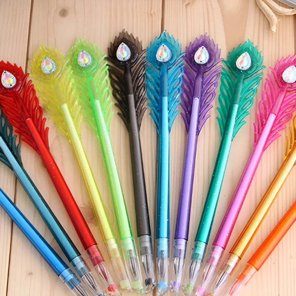 Set of twelve coloured gel pens with feather peacock design and replaceable refills.