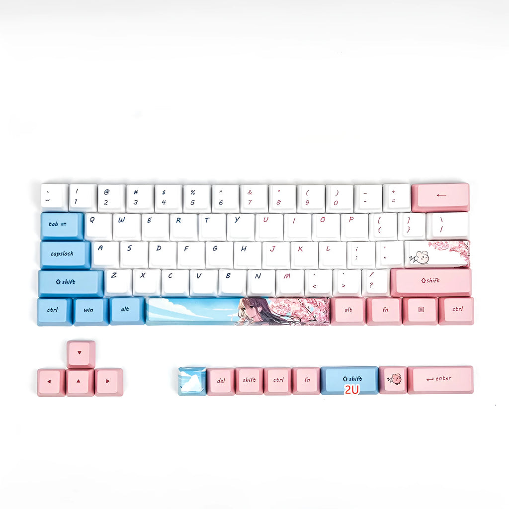 PBT keycap set with cartoon anime characters for GK61 mechanical keyboard in cherry blossom pink
