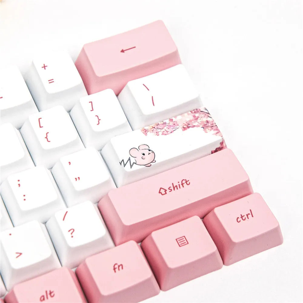 PBT keycap set with cartoon anime characters for GK61 mechanical keyboard in cherry blossom pink
