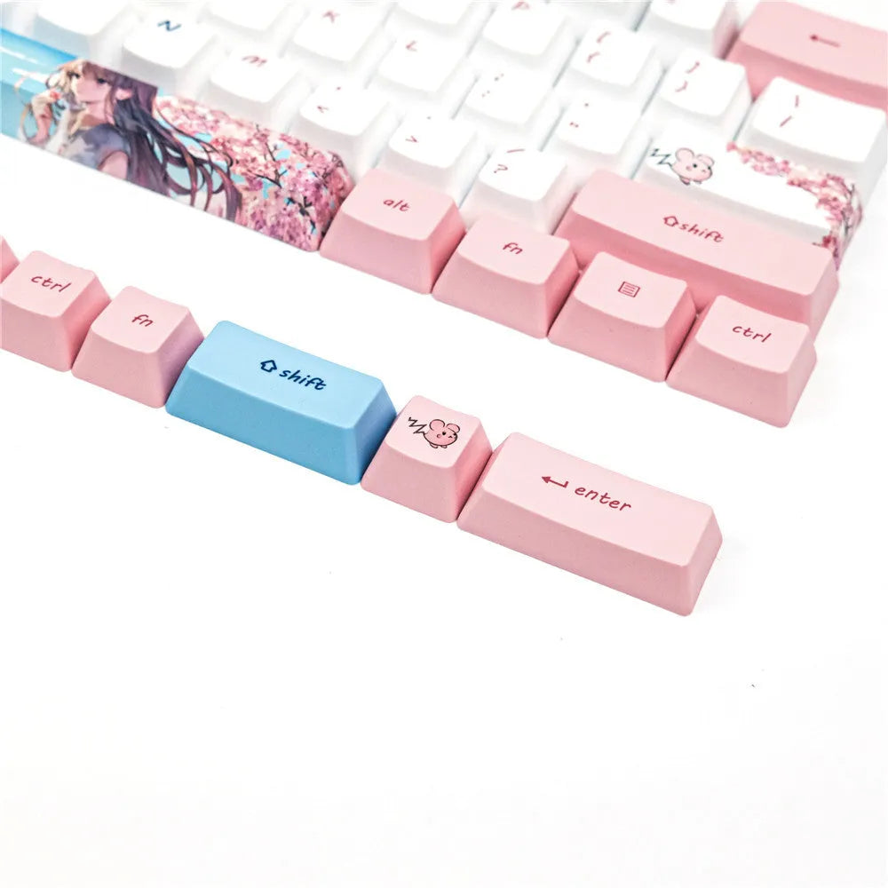 PBT keycap set with cartoon anime characters for GK61 mechanical keyboard in cherry blossom pink
