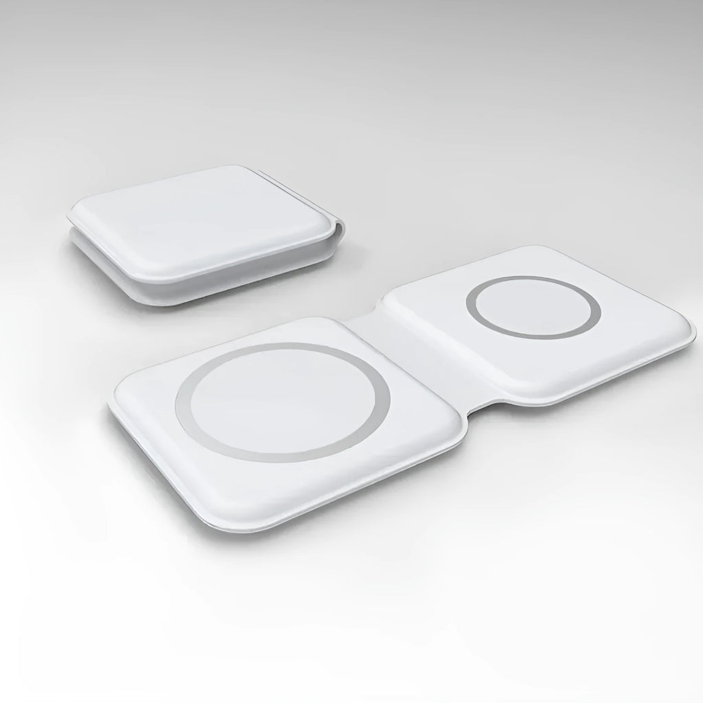 White foldable 2-in-1 magnetic wireless charger for phone and watch, showing 180° hinge.