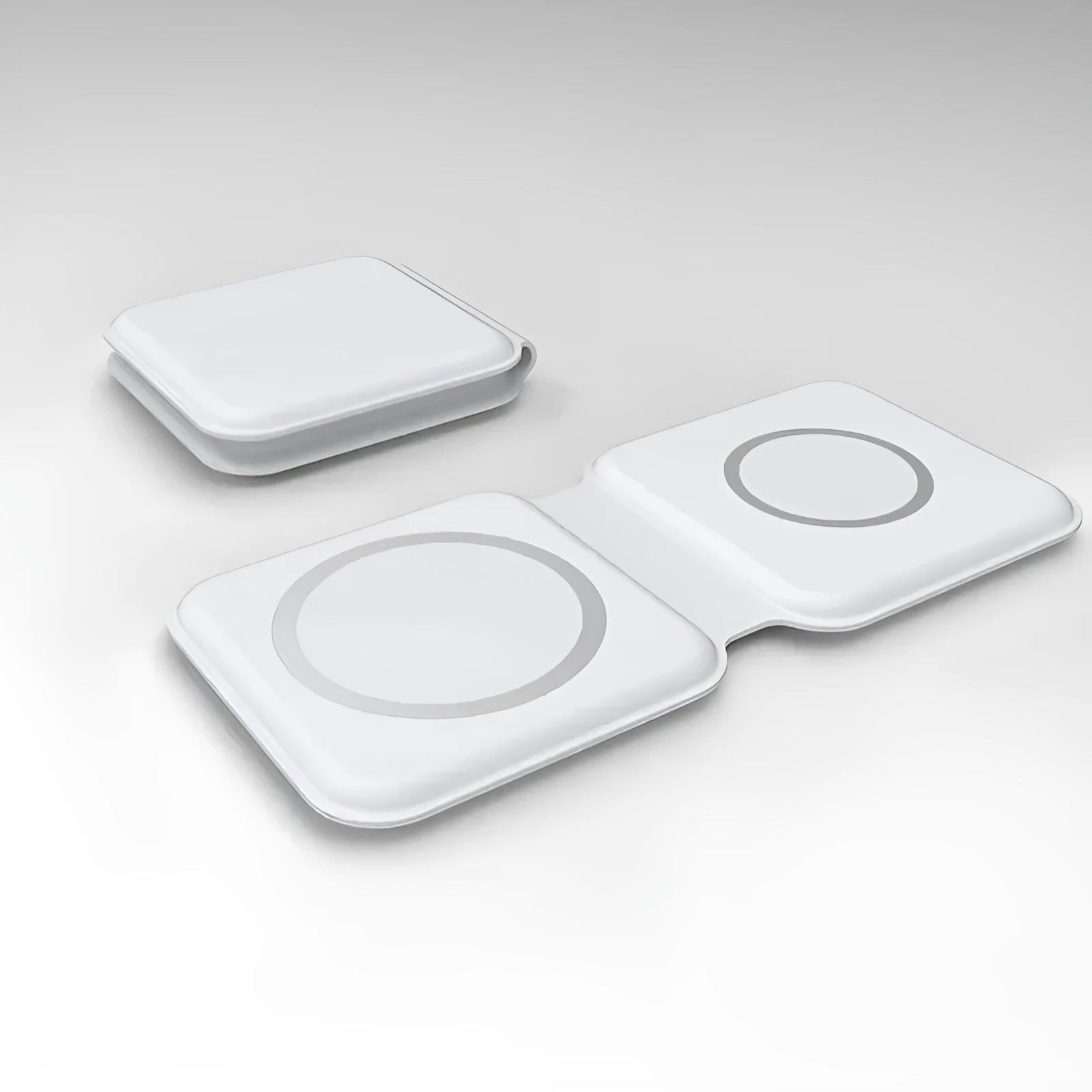 White foldable 2-in-1 magnetic wireless charger for phone and watch, showing 180° hinge.