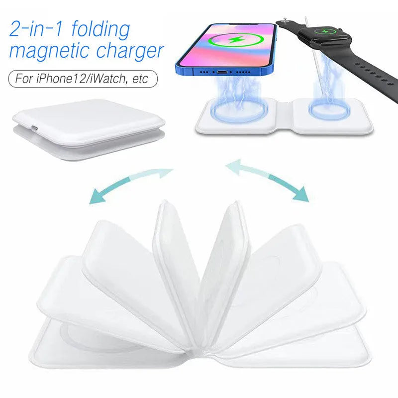 White foldable 2-in-1 magnetic wireless charger for phone and watch, showing 180° hinge.