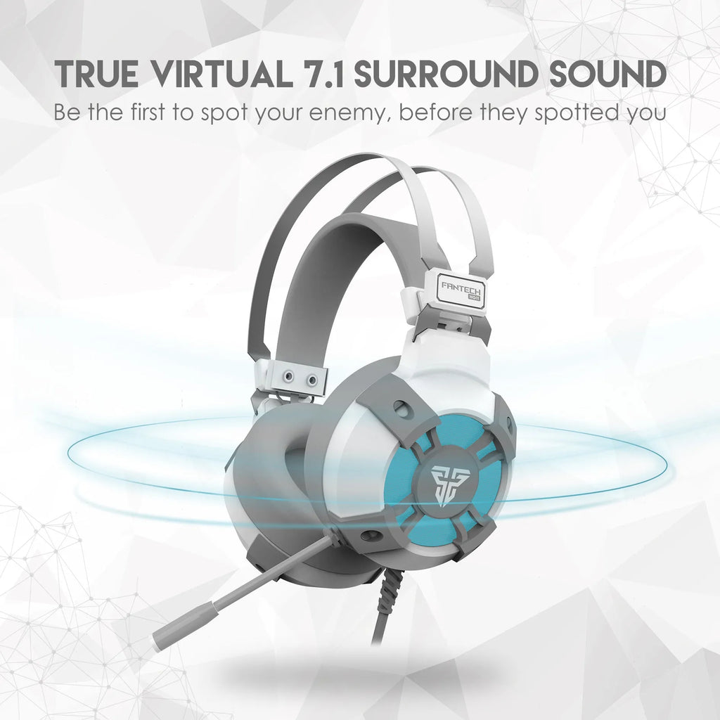 Black FANTECH HG11 USB gaming headset with RGB lights on earcups and a noise reduction microphone.