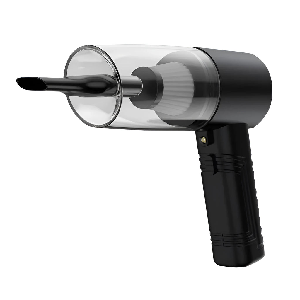 Black and white mini car vacuum cleaner with long cable and suction head accessories on a table.
