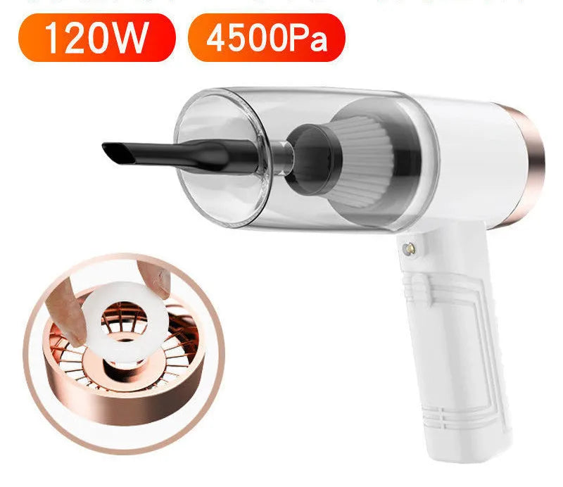 Black and white mini car vacuum cleaner with long cable and suction head accessories on a table.