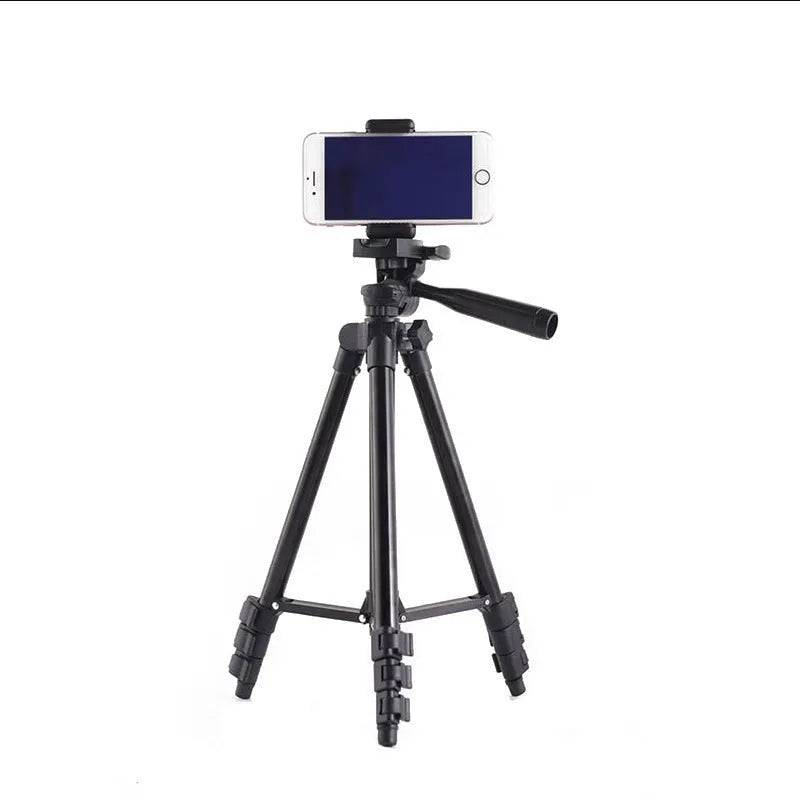 Black aluminium portable camera tripod with 4-section legs and a 3D head, shown extended.