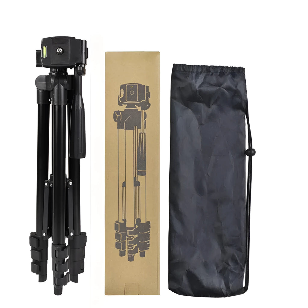 Black aluminium portable camera tripod with 4-section legs and a 3D head, shown extended.