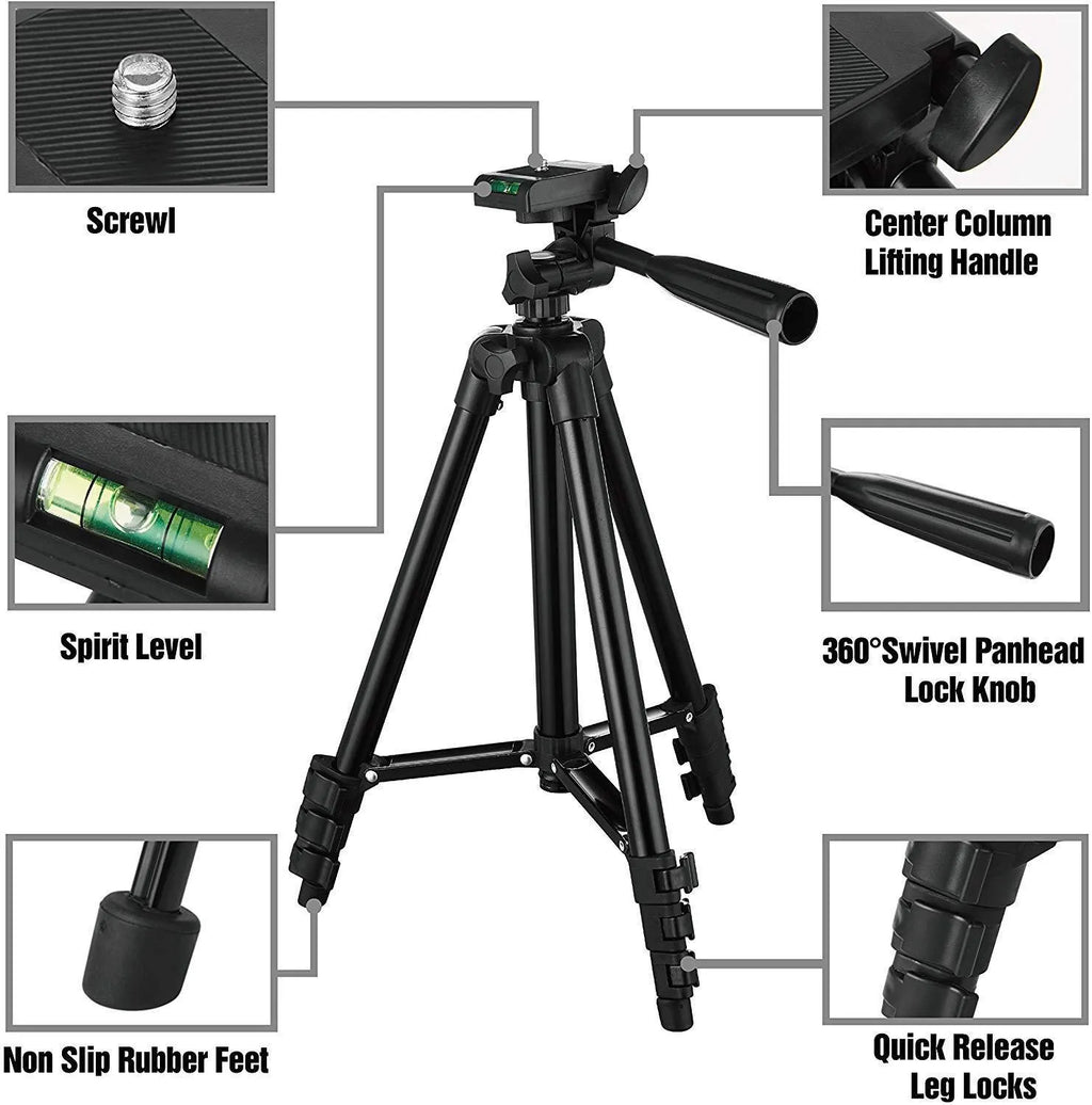 Black aluminium portable camera tripod with 4-section legs and a 3D head, shown extended.