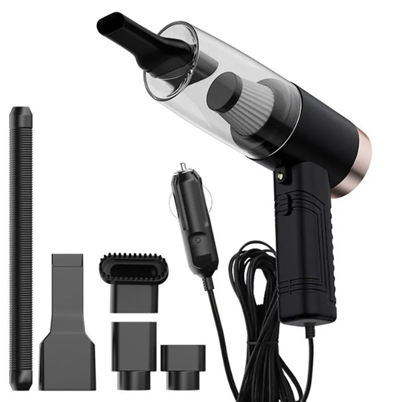 Black and white mini car vacuum cleaner with long cable and suction head accessories on a table.