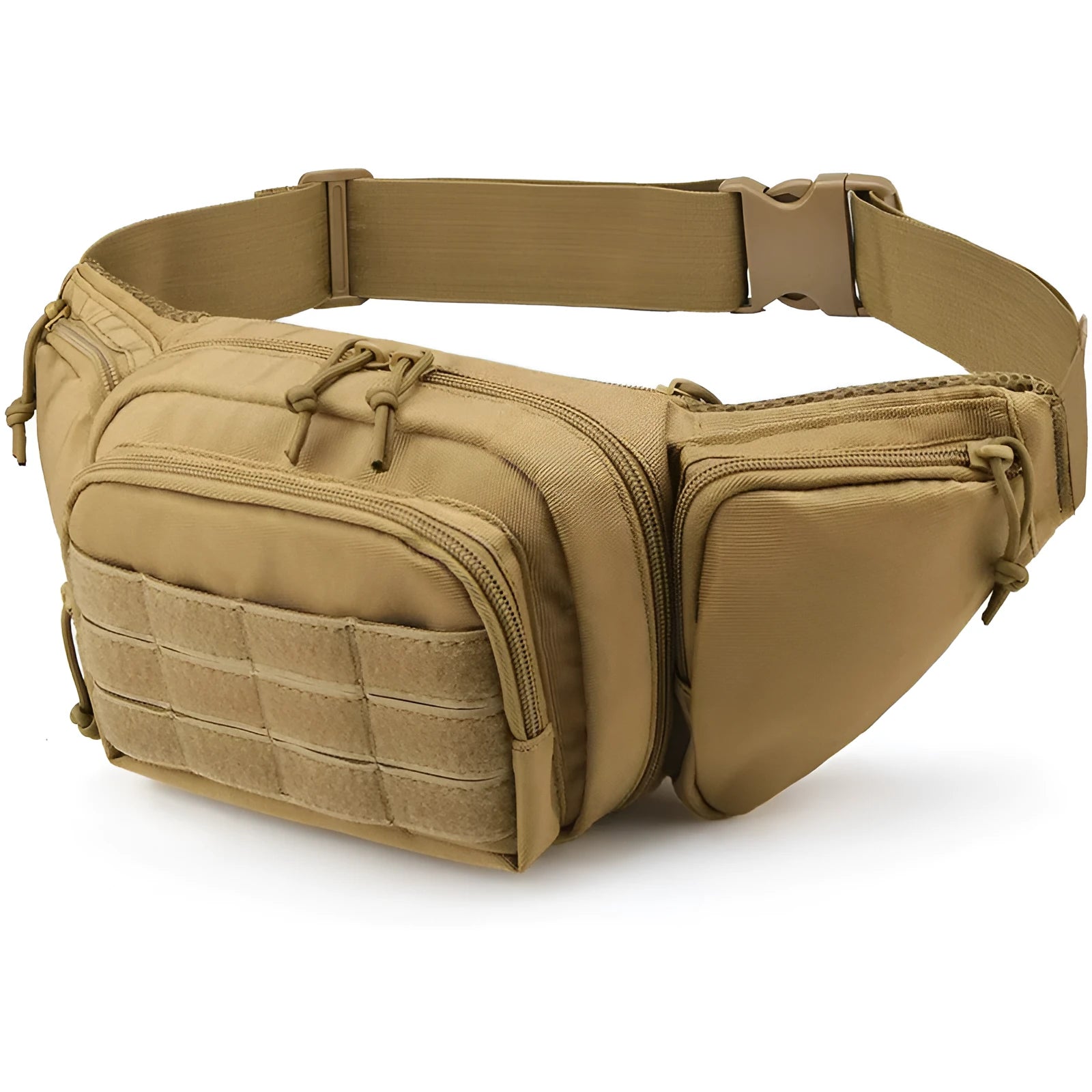 Tactical waist bag in black colour with adjustable waist strap and storage compartments