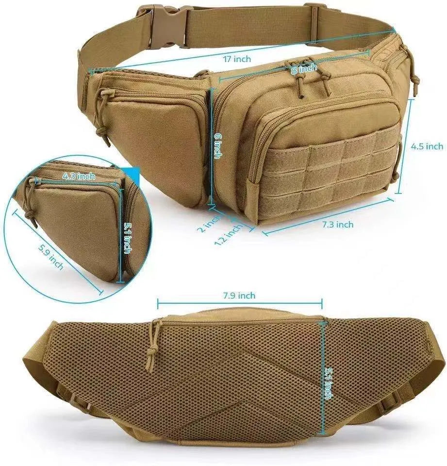 Tactical waist bag in black colour with adjustable waist strap and storage compartments